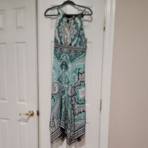 INC International Concepts Teal and White Paisley Halter Maxi Dress